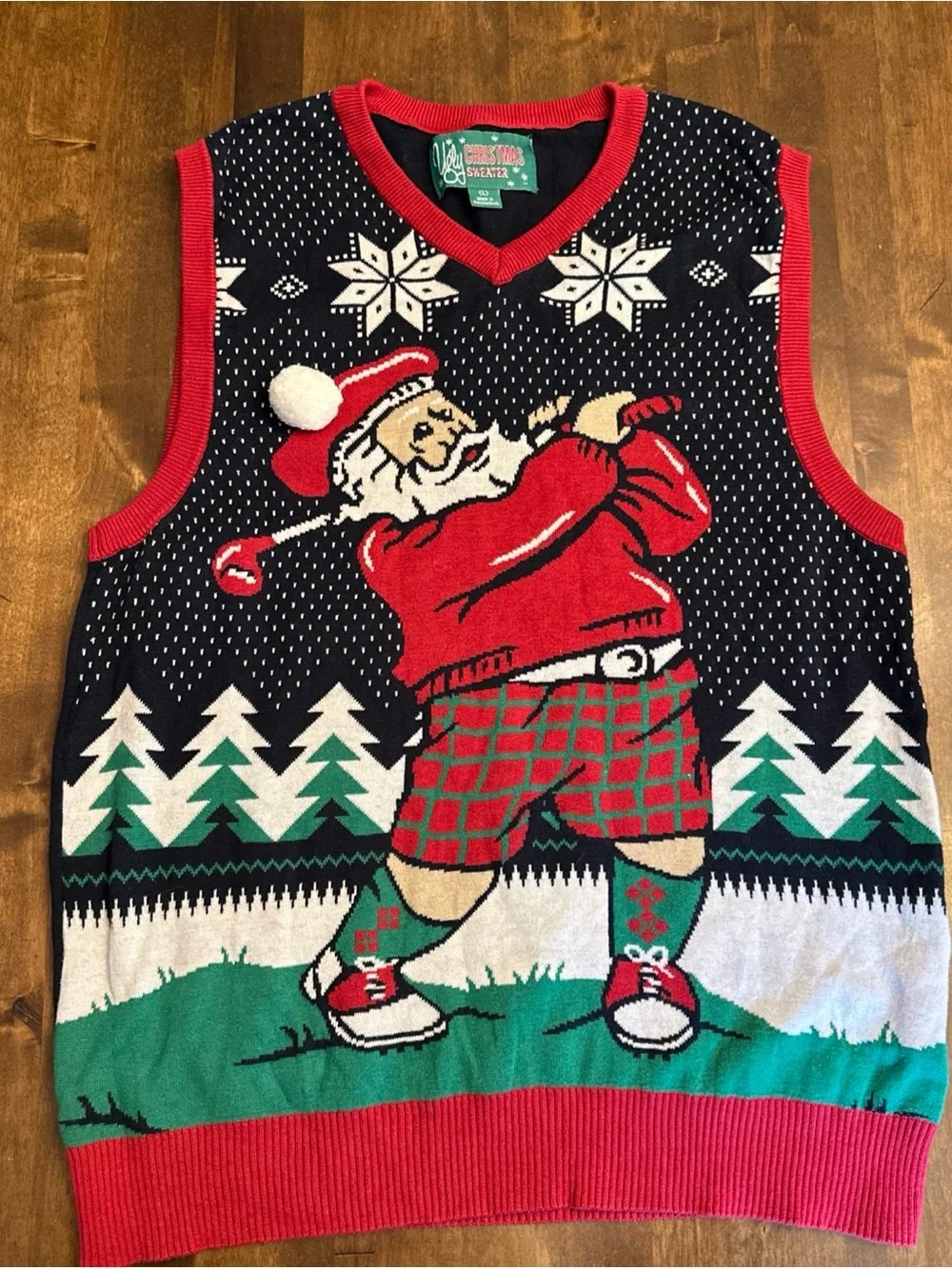 Ugly Christmas Sweater Vest Teeing Off Golfing Santa Christmas Holiday Party L